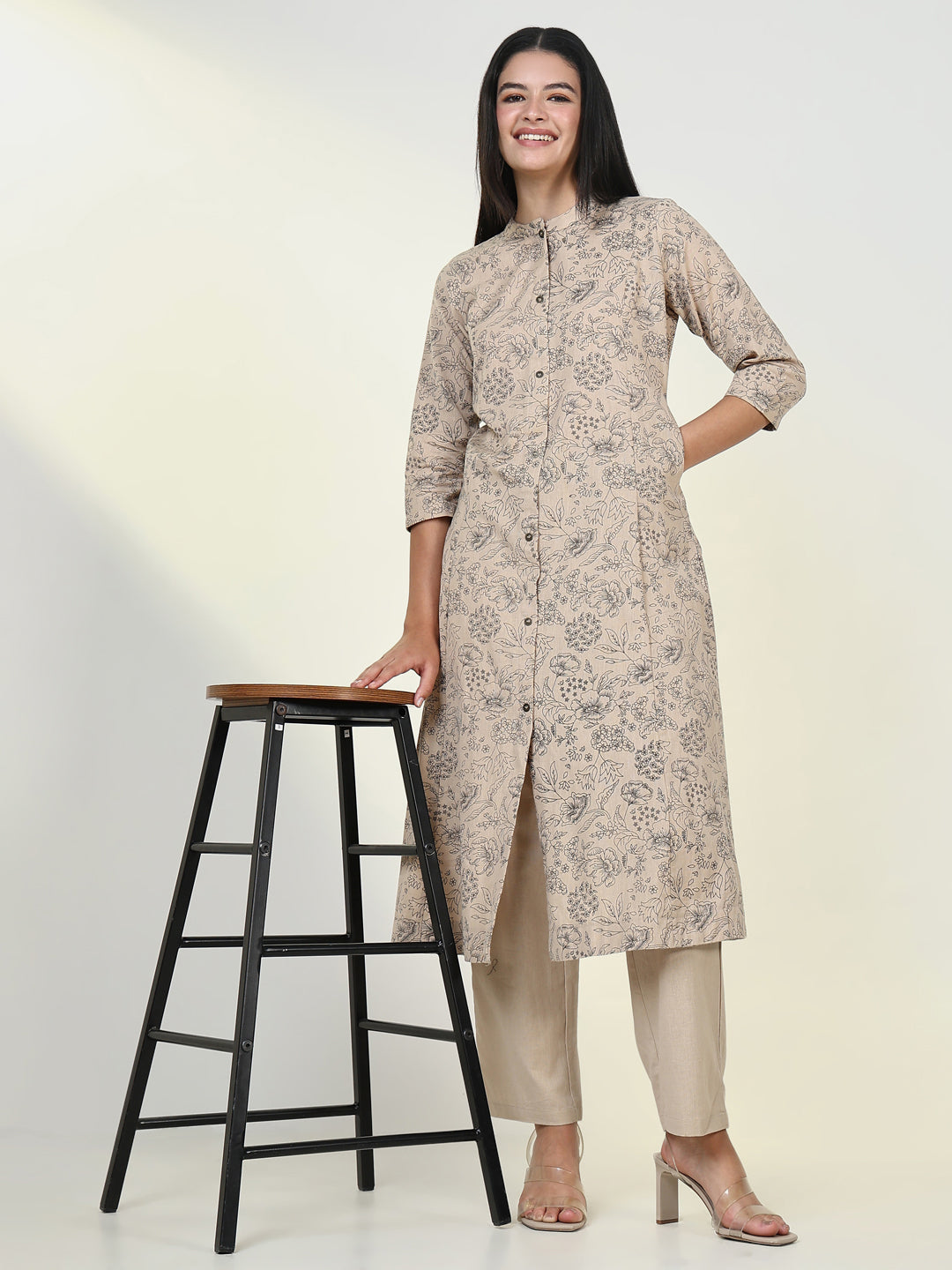 Women Floral Beige A Line Kurta Set