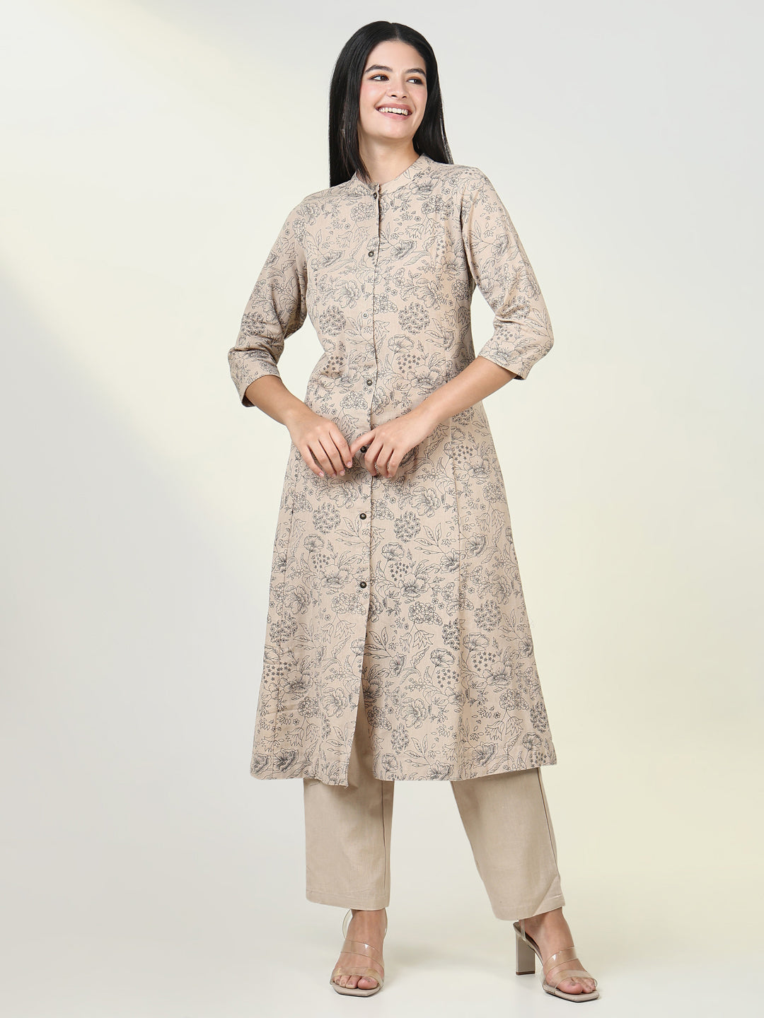 Women Floral Beige A Line Kurta Set