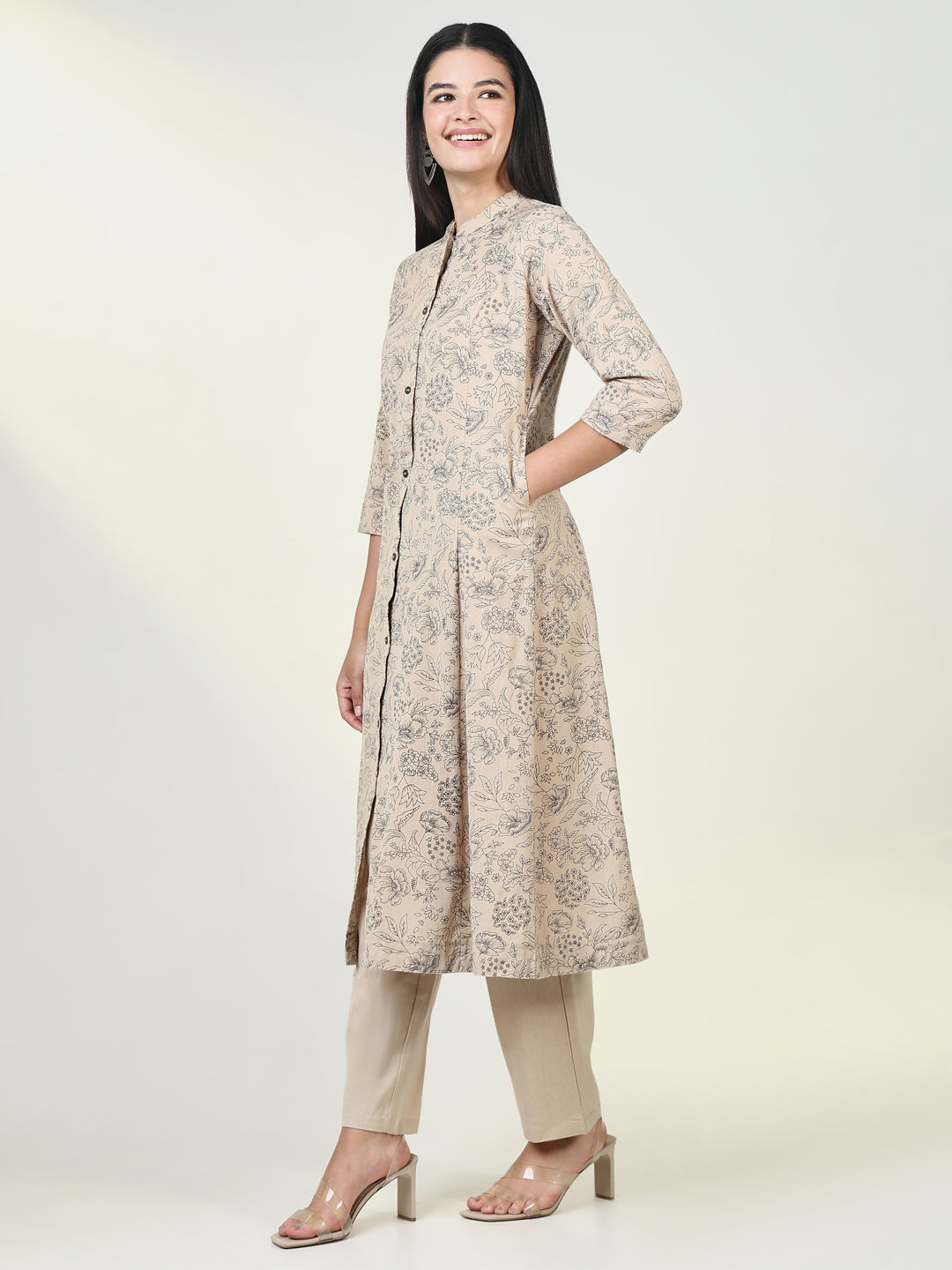 Women Floral Beige A Line Kurta Set