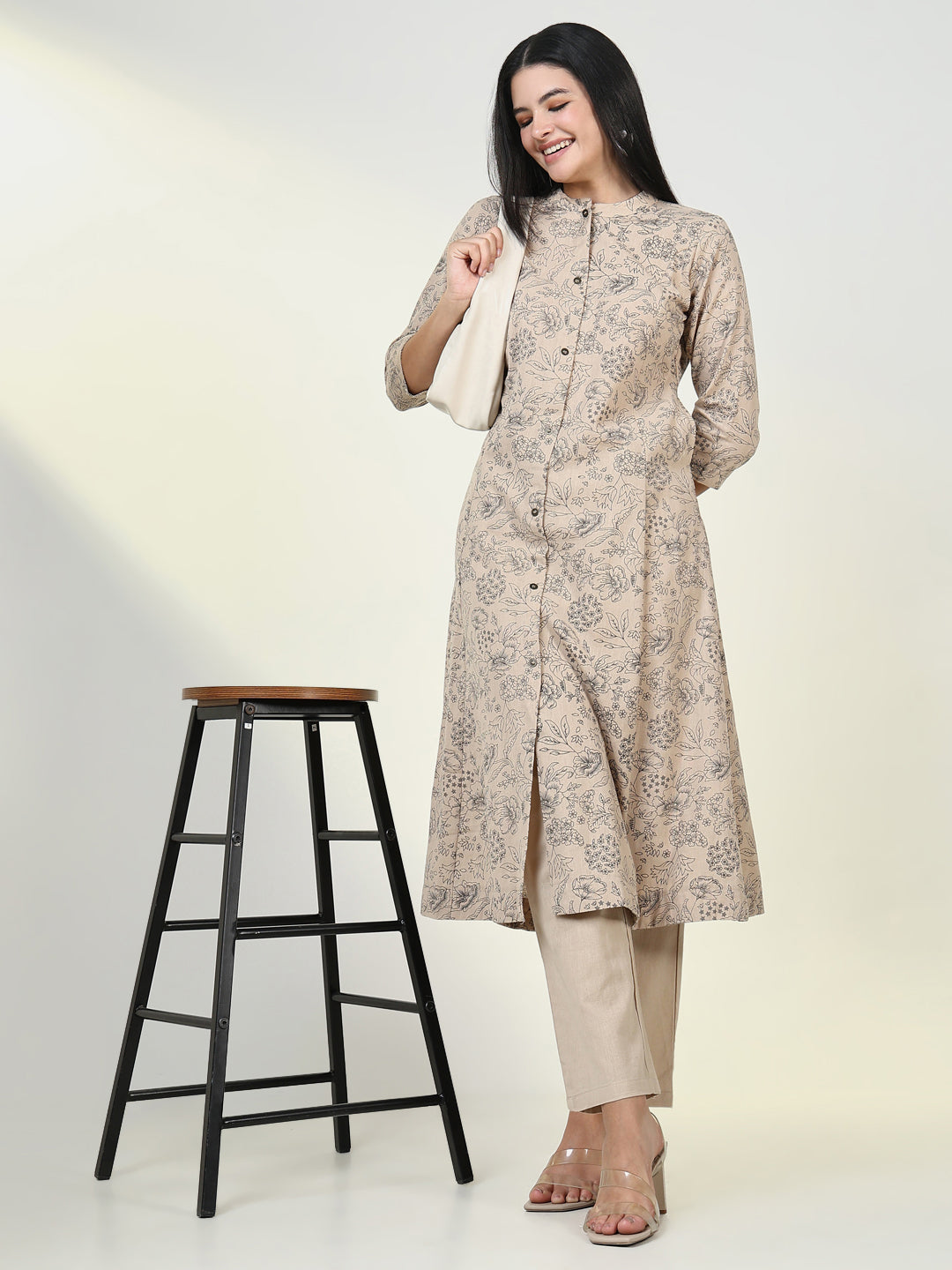 Women Floral Beige A Line Kurta Set