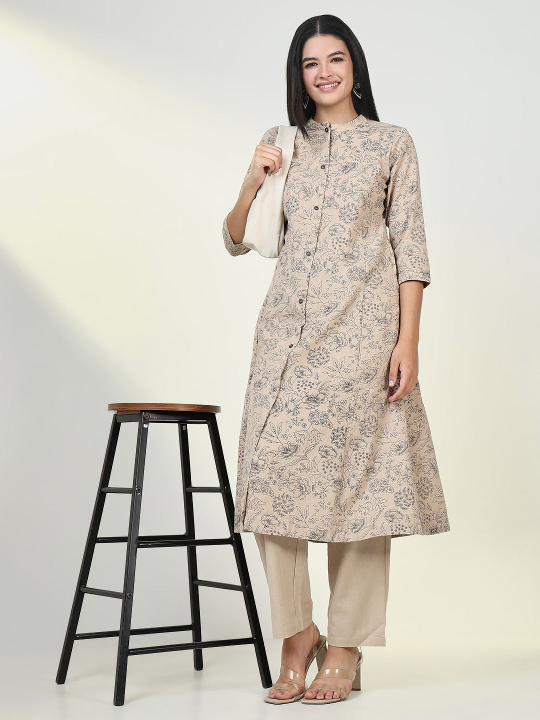 Women Floral Beige A Line Kurta Set