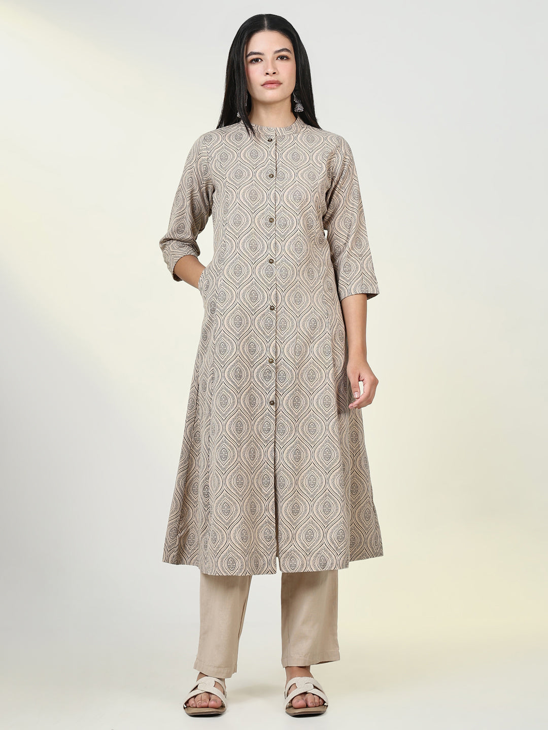 Women Geometric Beige A Line Kurta Set