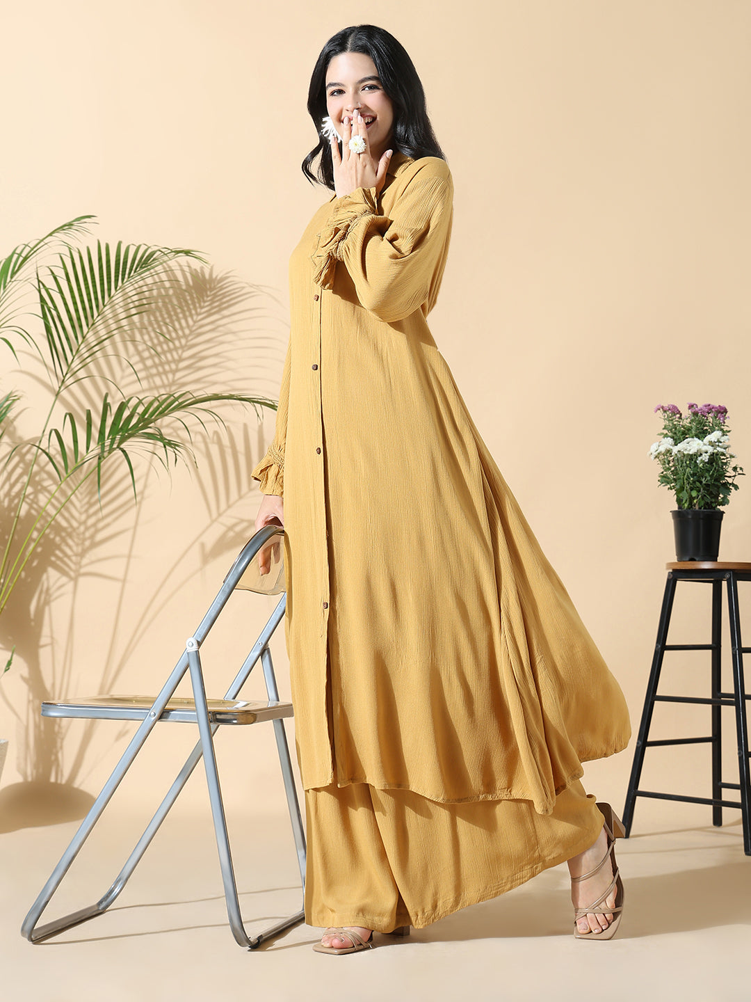 Women Solid A-Line Mustard Full Sleeve Kurta with Palazzos