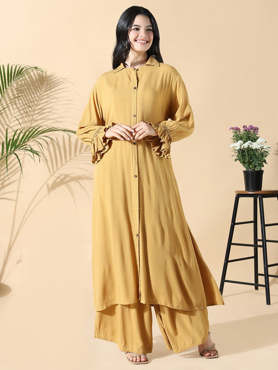 Women Solid A-Line Mustard Full Sleeve Kurta with Palazzos