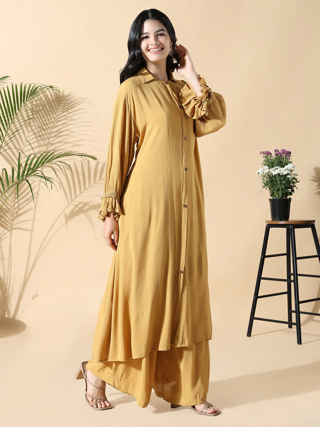 Women Solid A-Line Mustard Full Sleeve Kurta with Palazzos