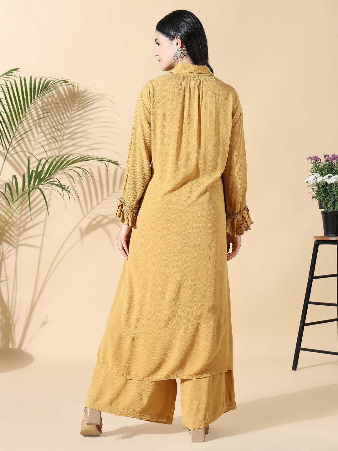 Women Solid A-Line Mustard Full Sleeve Kurta with Palazzos