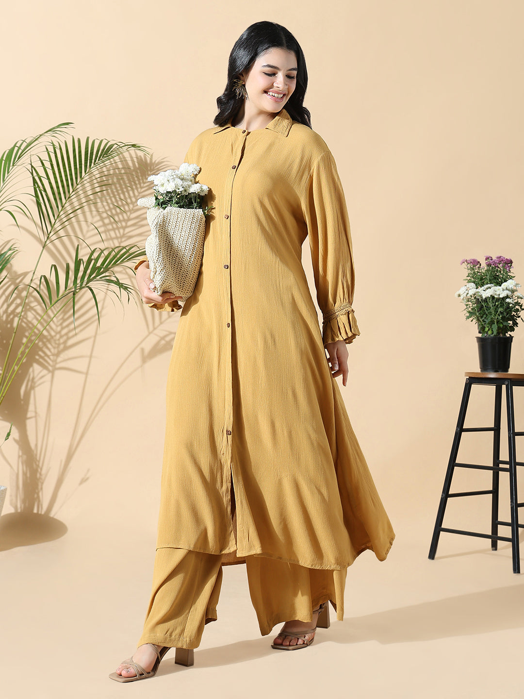 Women Solid A-Line Mustard Full Sleeve Kurta with Palazzos