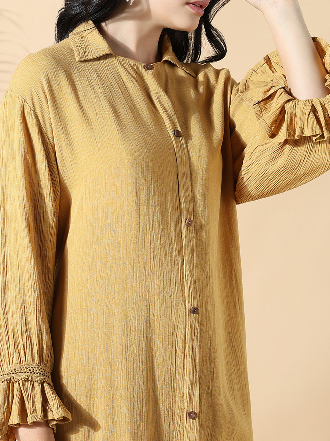 Women Solid A-Line Mustard Full Sleeve Kurta with Palazzos