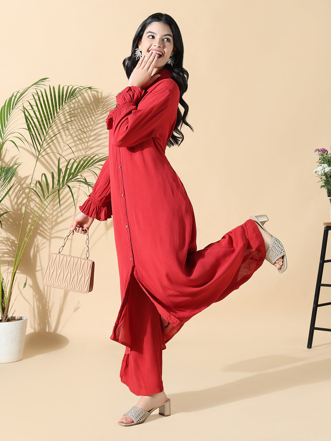 Women Solid A-Line Red Full Sleeve Kurta with Palazzos