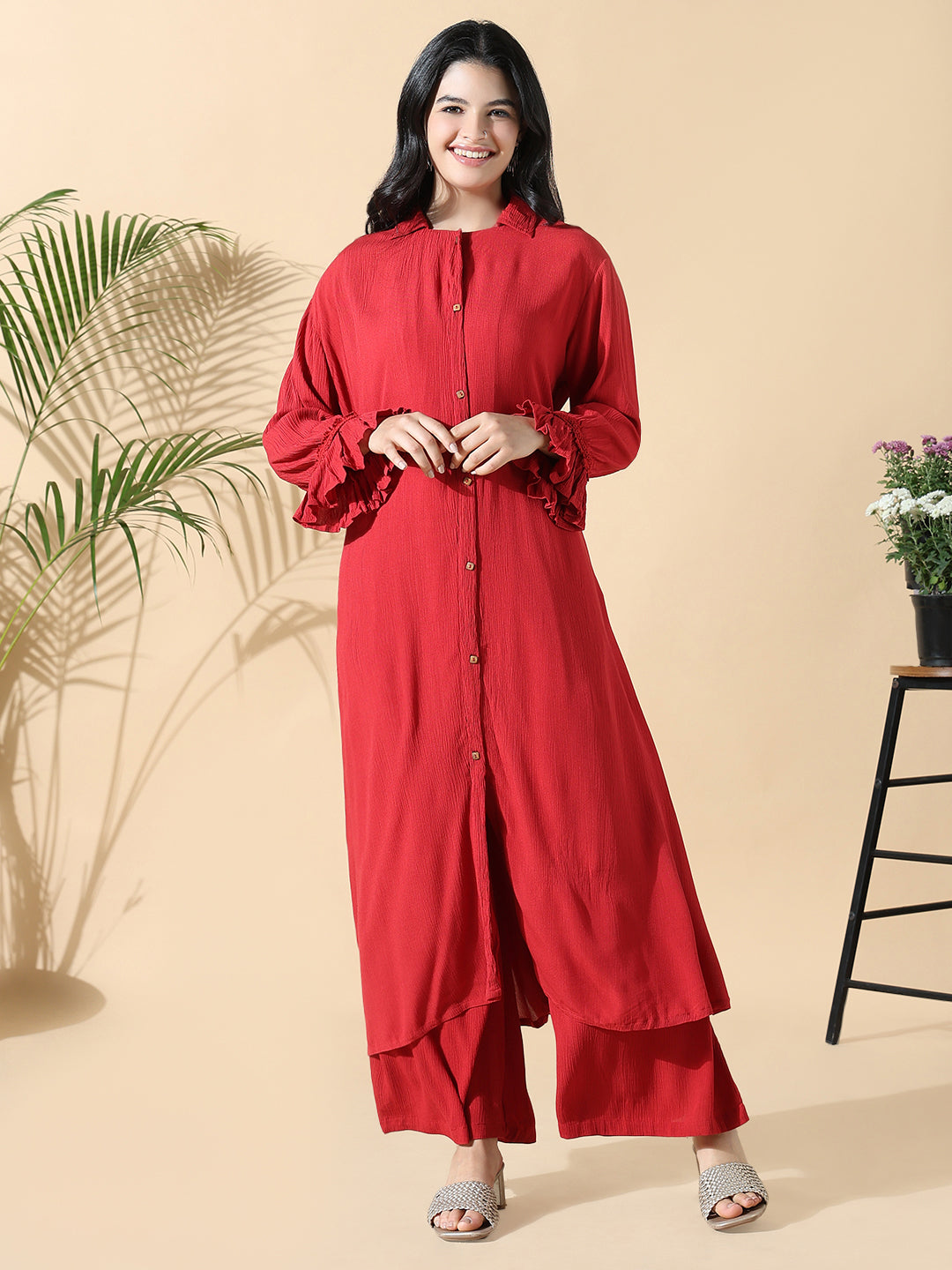 Women Solid A-Line Red Full Sleeve Kurta with Palazzos