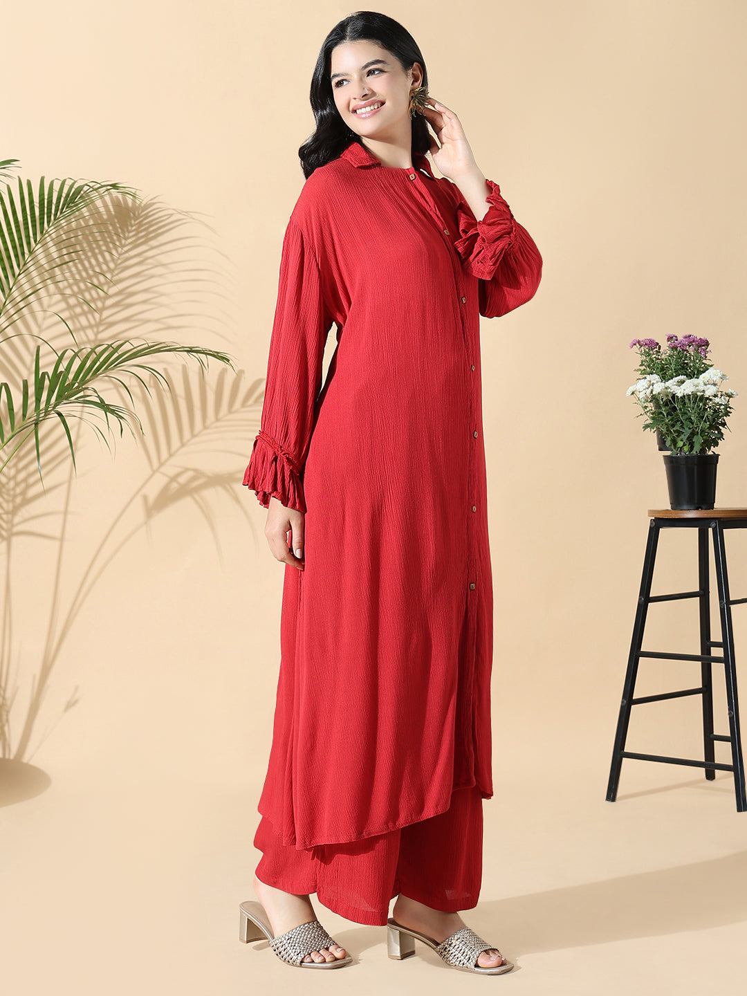 Women Solid A-Line Red Full Sleeve Kurta with Palazzos