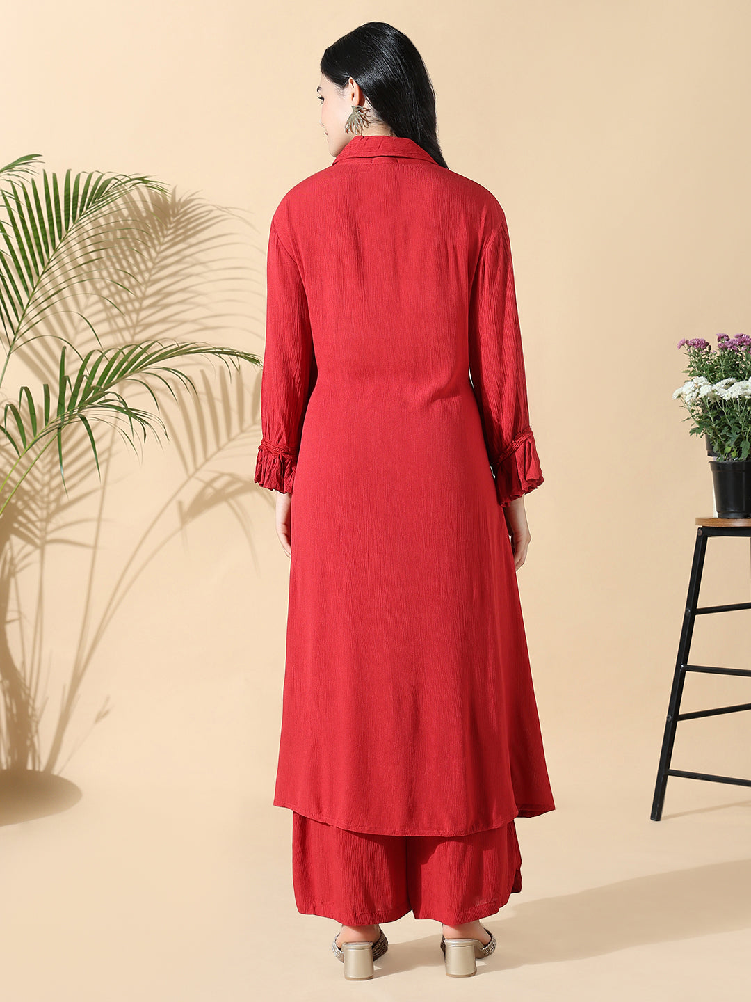 Women Solid A-Line Red Full Sleeve Kurta with Palazzos