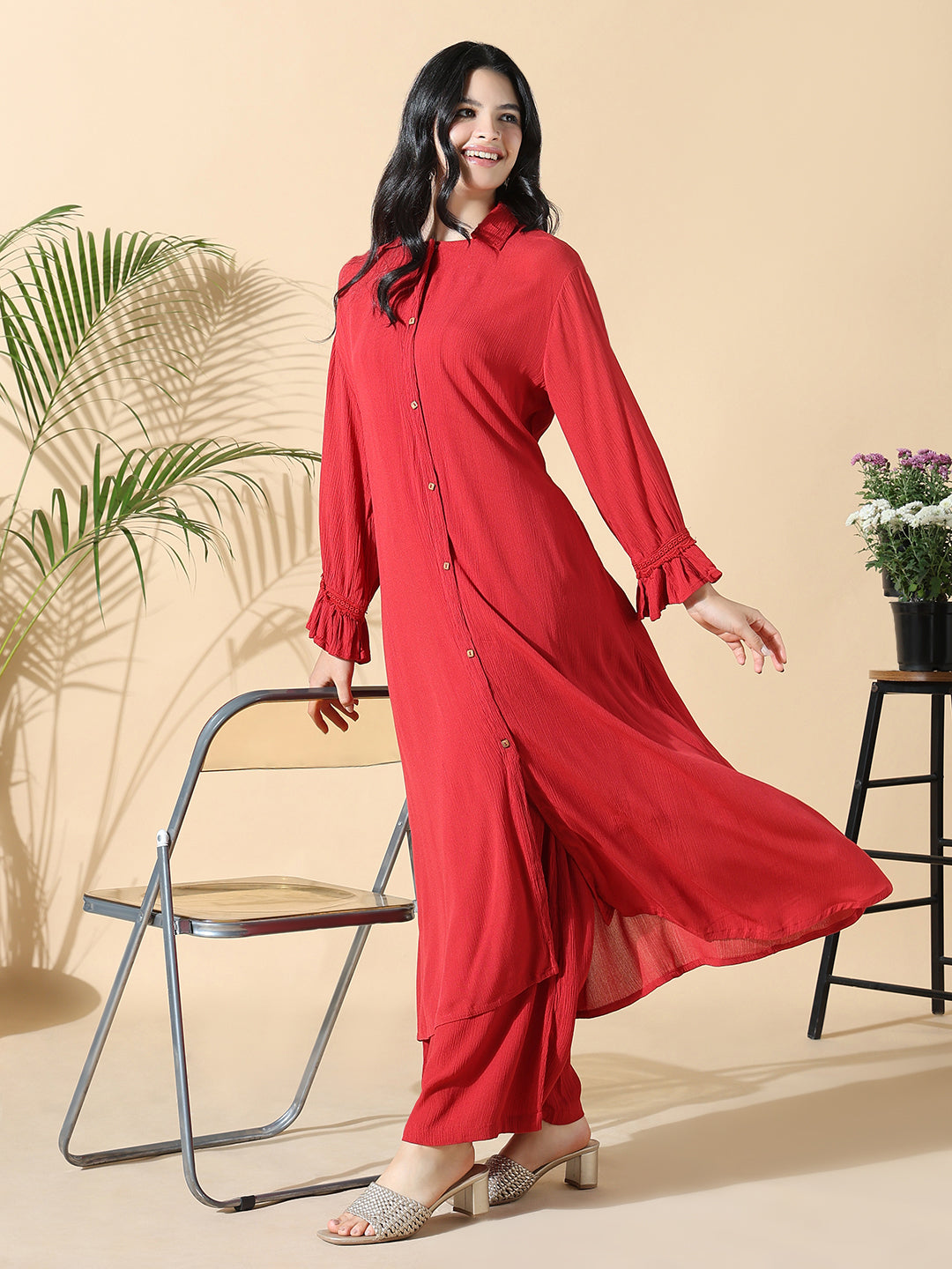 Women Solid A-Line Red Full Sleeve Kurta with Palazzos