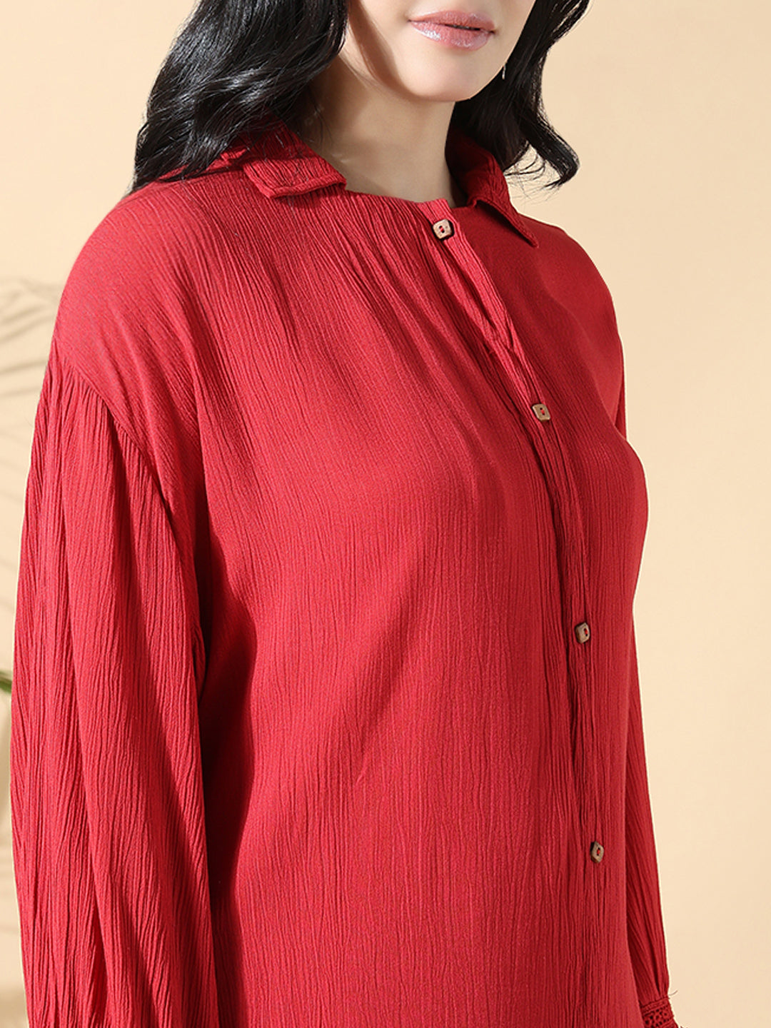 Women Solid A-Line Red Full Sleeve Kurta with Palazzos