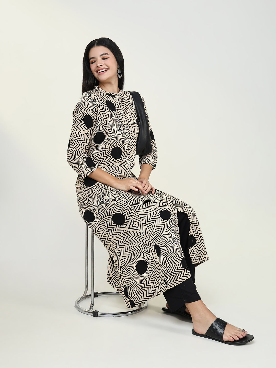 Women Abstract Beige A Line Kurta Set