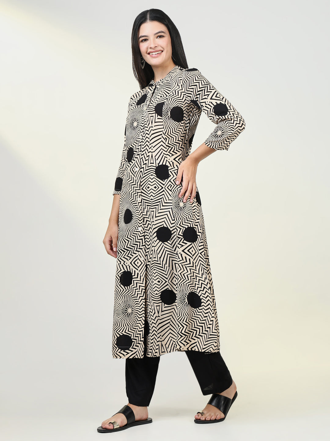 Women Abstract Beige A Line Kurta Set