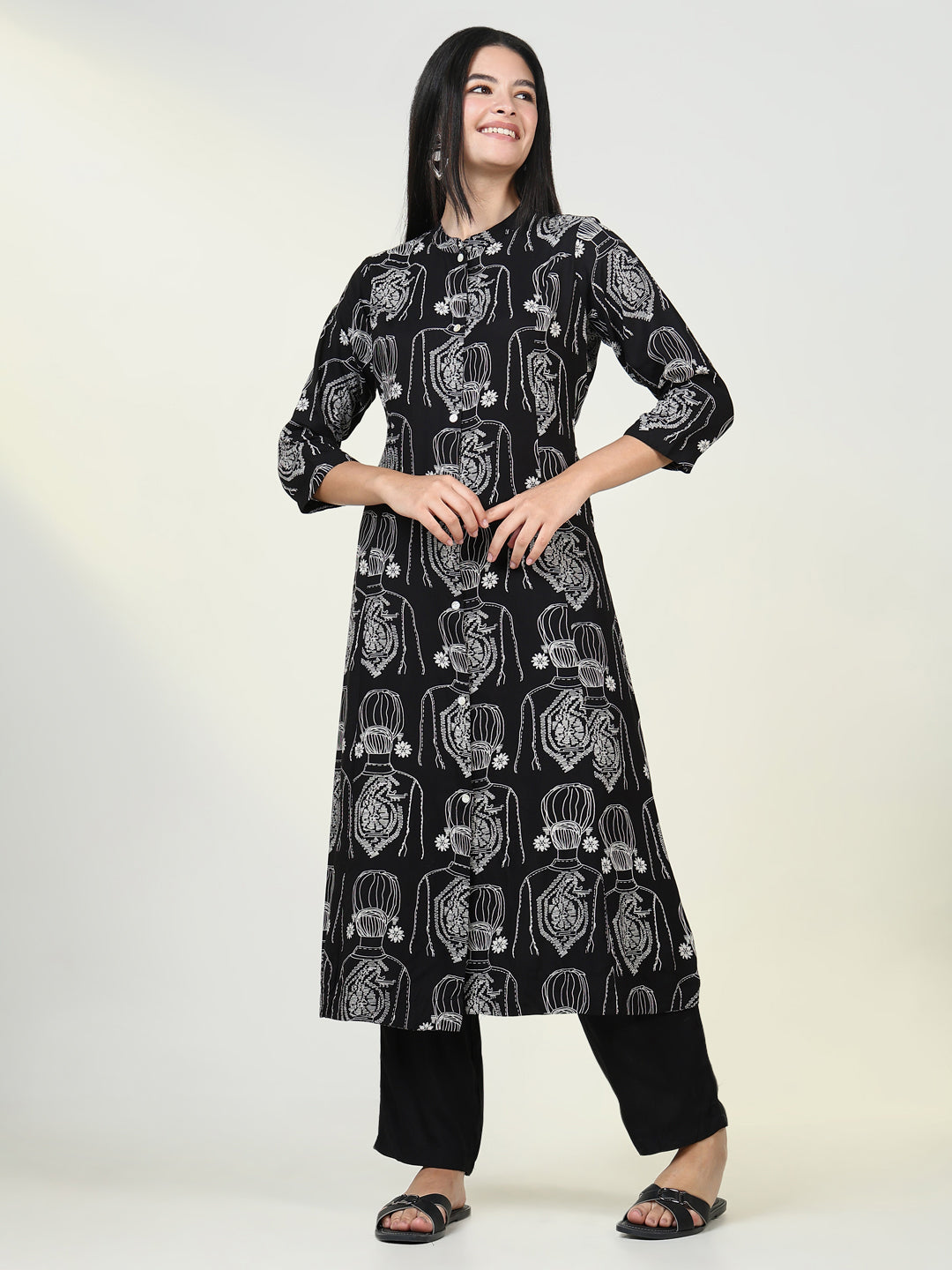 Women Abstract Black A Line Kurta Set