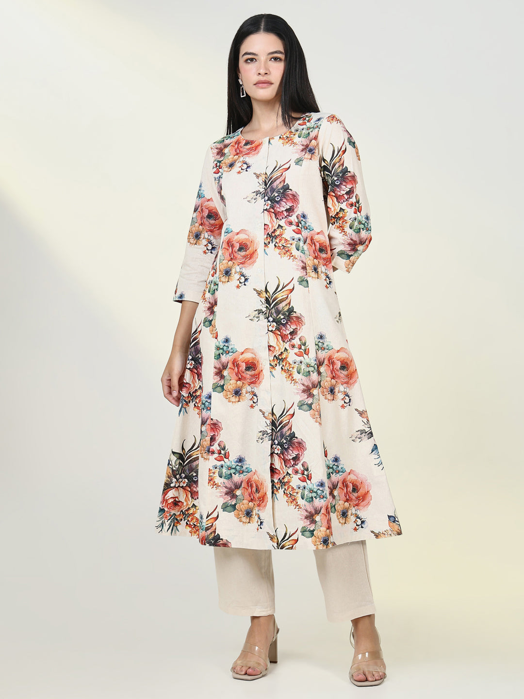 Women Floral Cream A Line Kurta Set