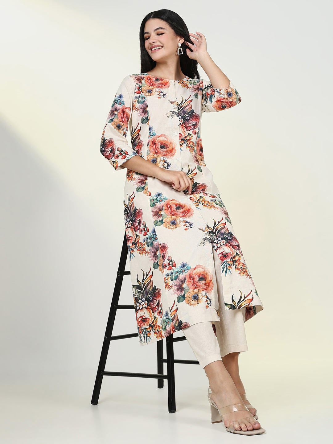 Women Floral Cream A Line Kurta Set