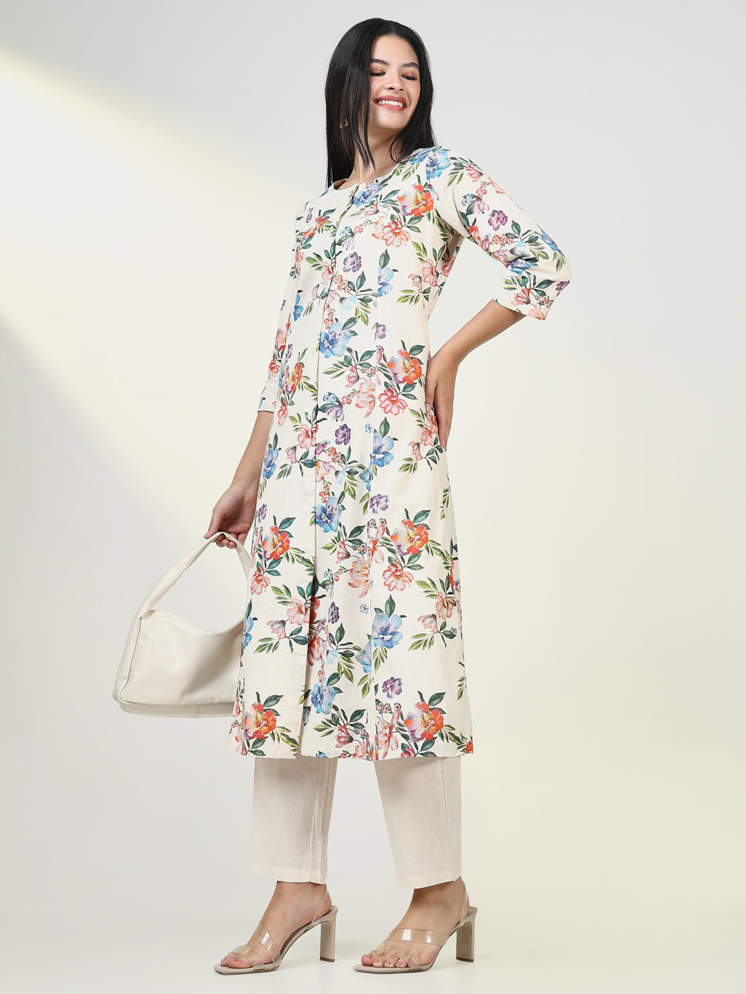 Women Floral Cream A Line Kurta Set