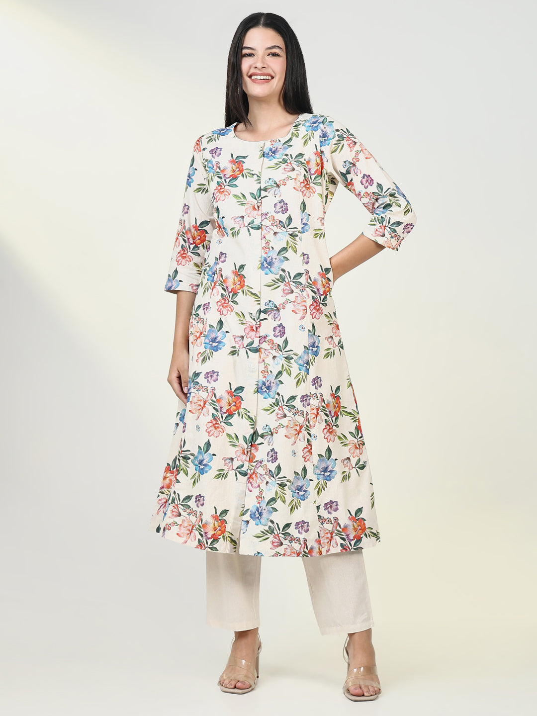 Women Floral Cream A Line Kurta Set