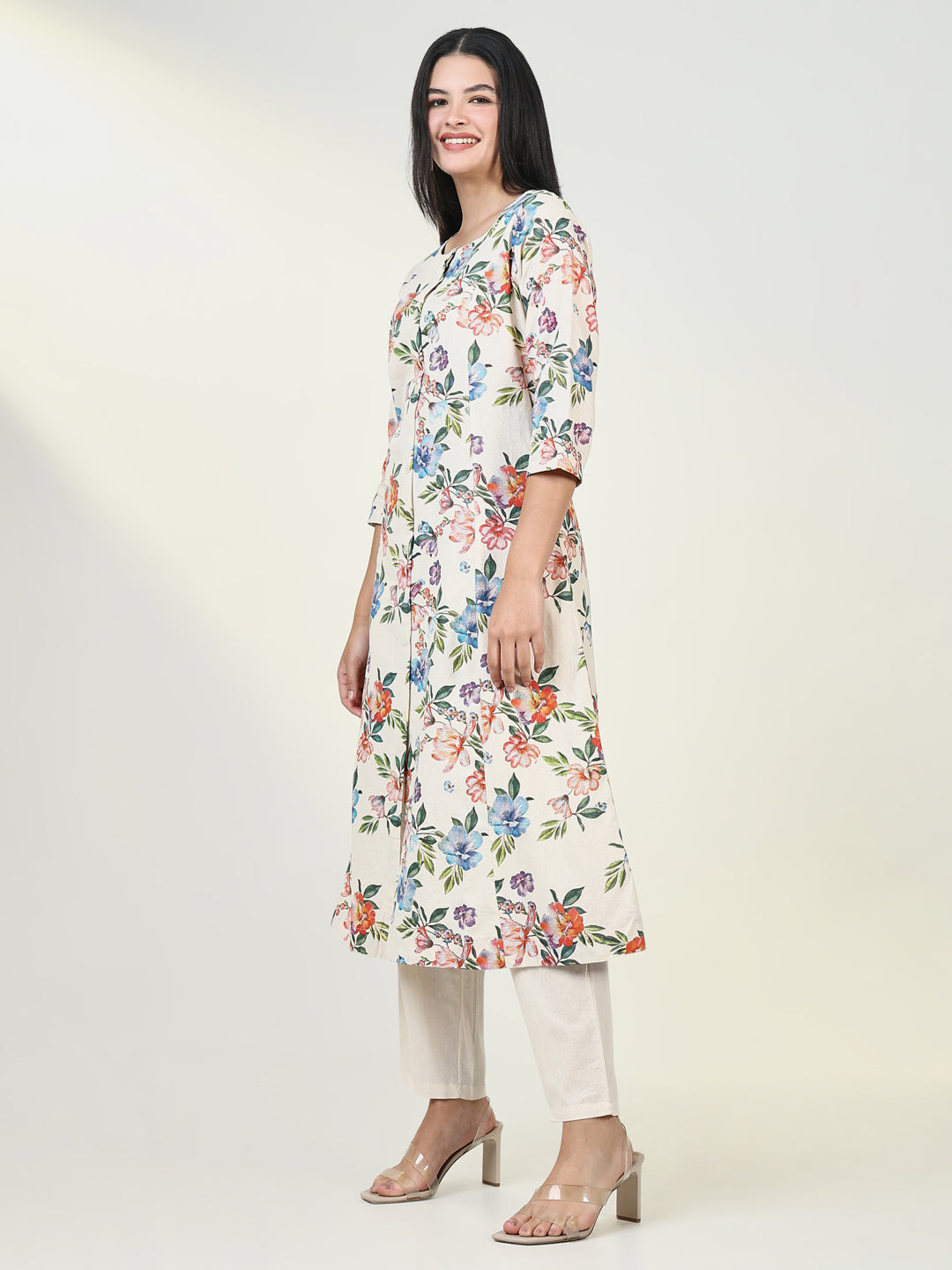 Women Floral Cream A Line Kurta Set