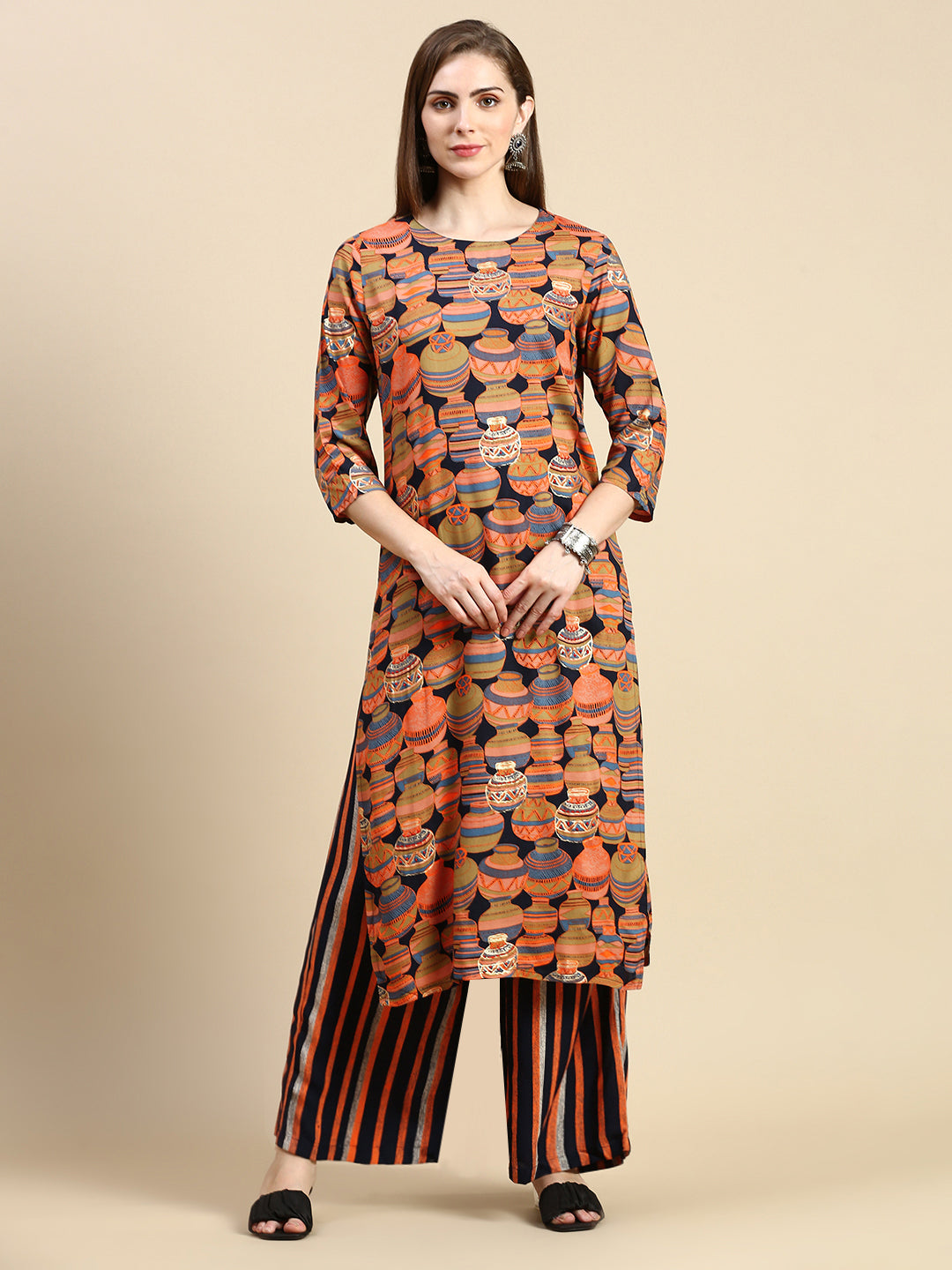 Women Ethnic Motifs Orange Straight Kurta Set