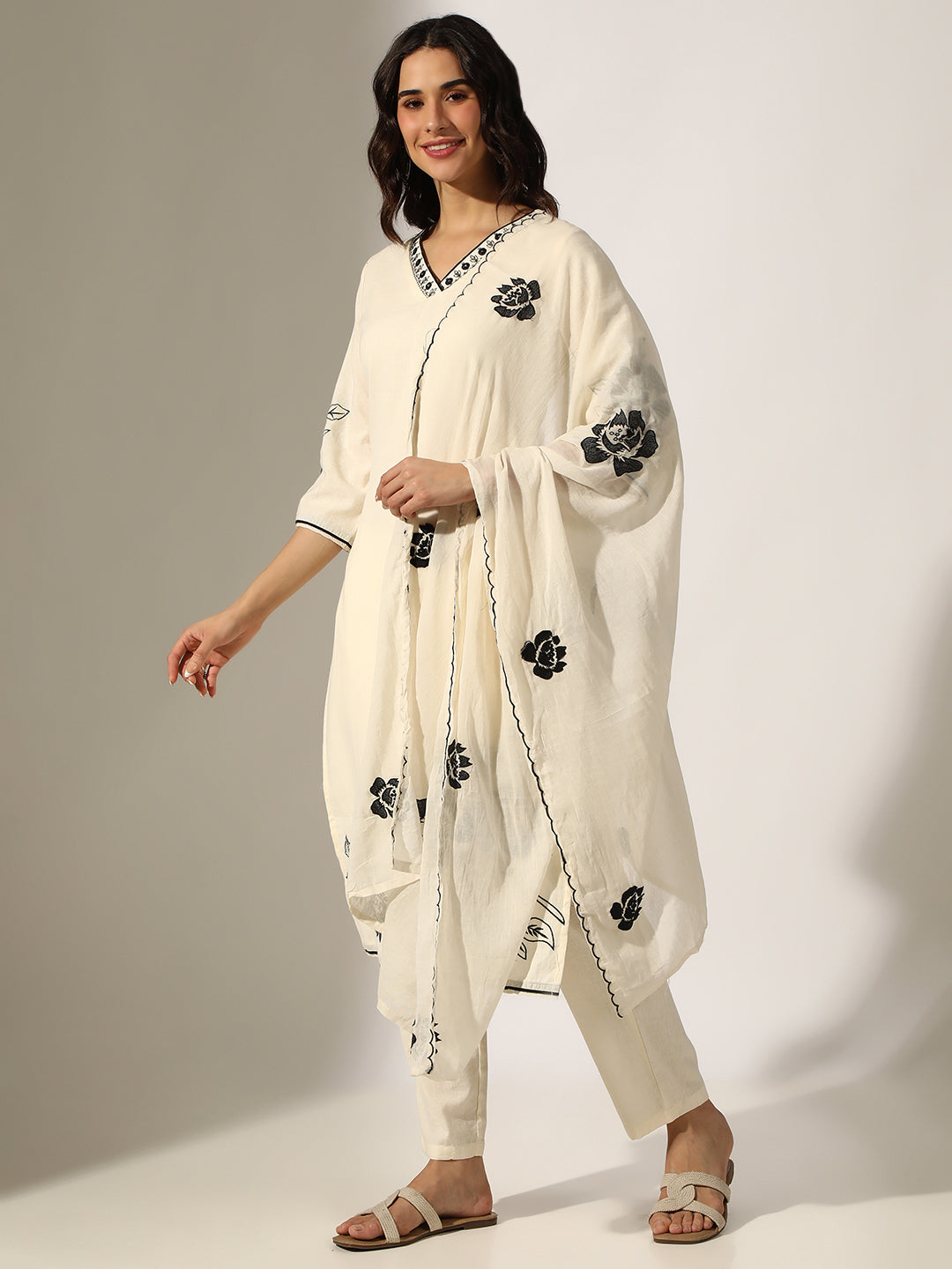 Women's Floral Embroidered Cream Kurta Set with Dupatta