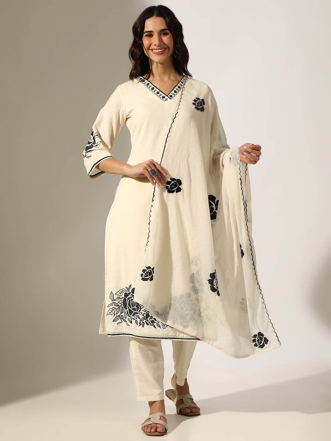 Women's Floral Embroidered Cream Kurta Set with Dupatta