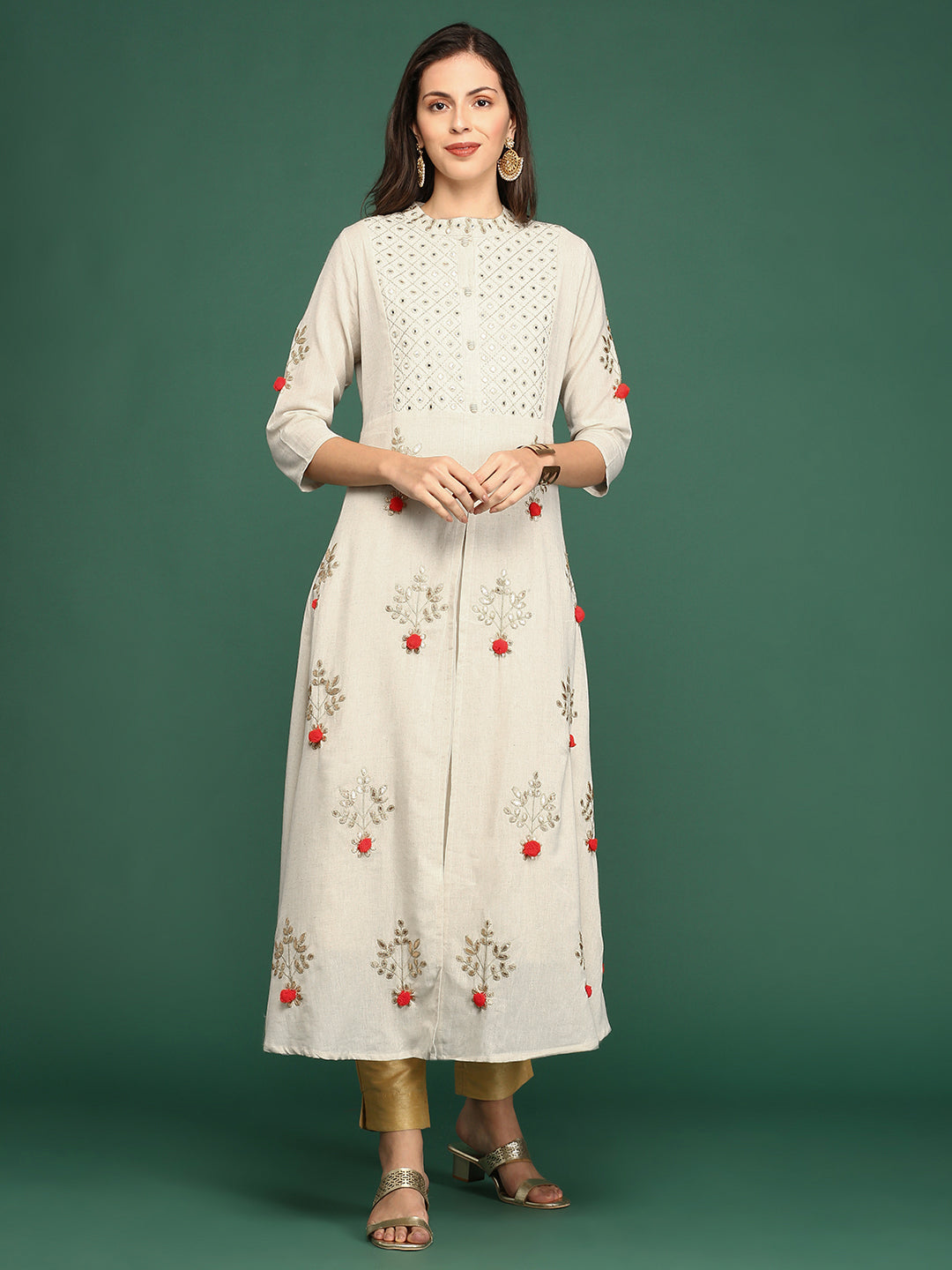 Women's White Embellished Anarkali Kurta