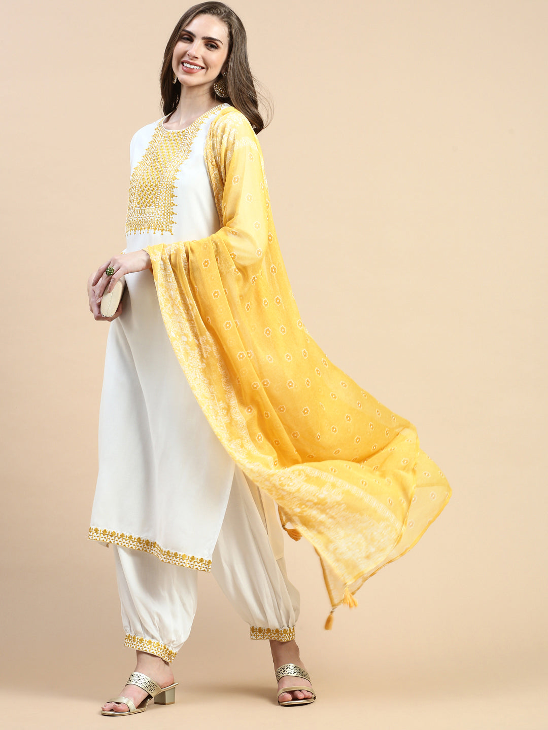 Women Solid Cream Straight Kurta Set with Dupatta