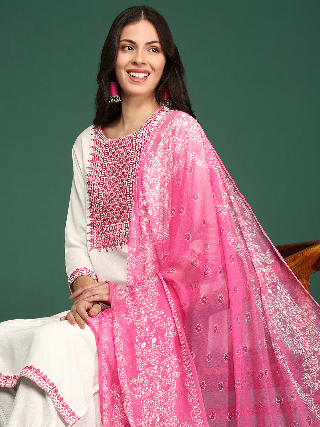 Women Solid White Straight Kurta Set with Dupatta