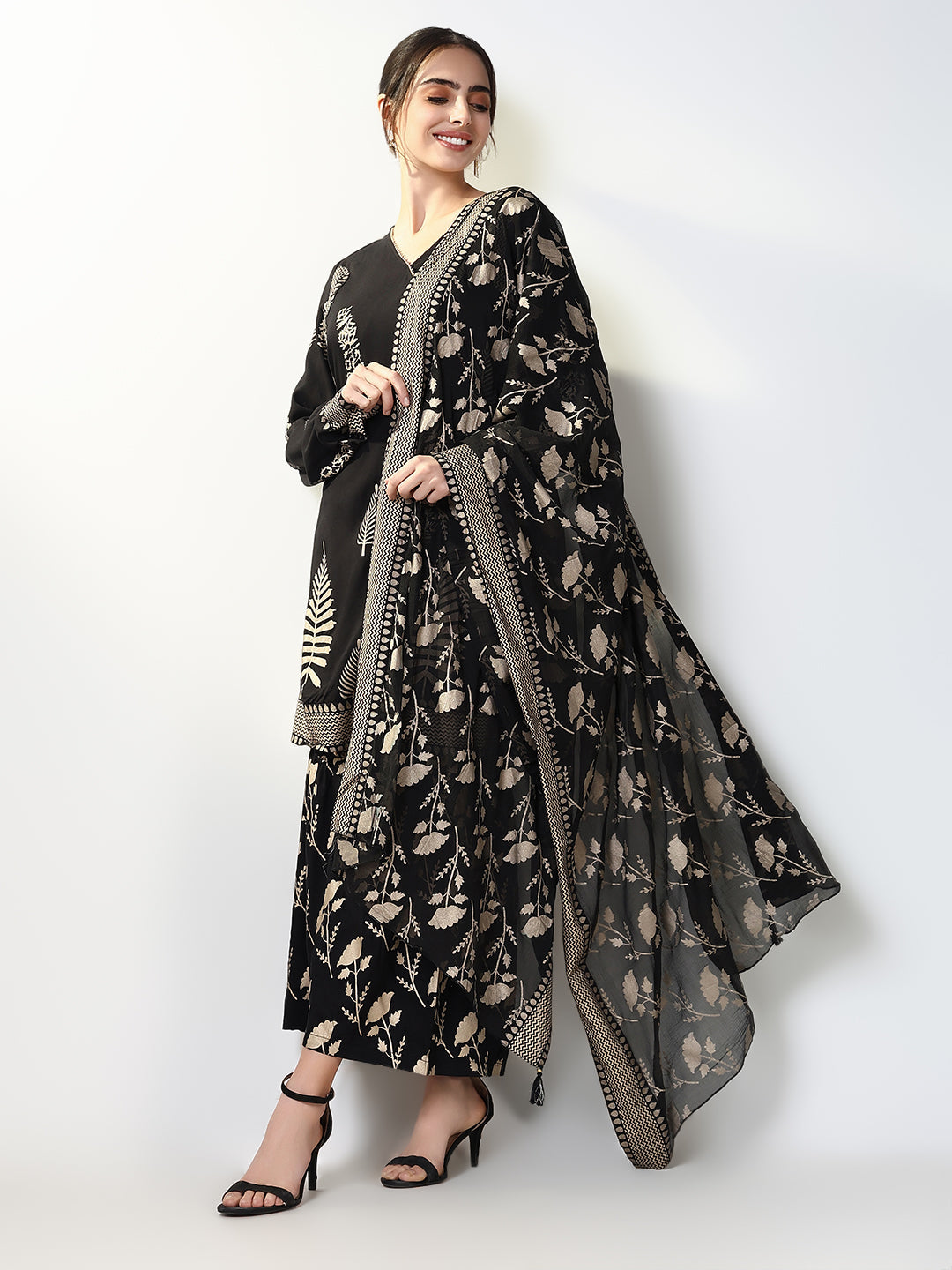 Women Graphic Black A Line Kurta Set with Dupatta