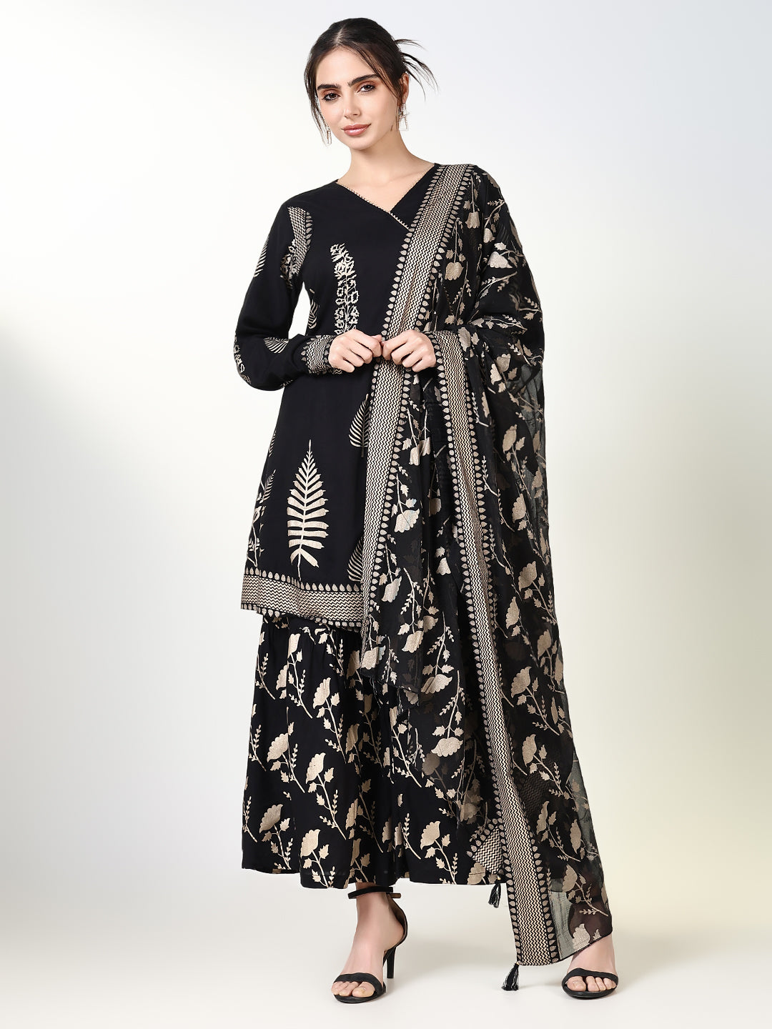 Women Graphic Black A Line Kurta Set with Dupatta