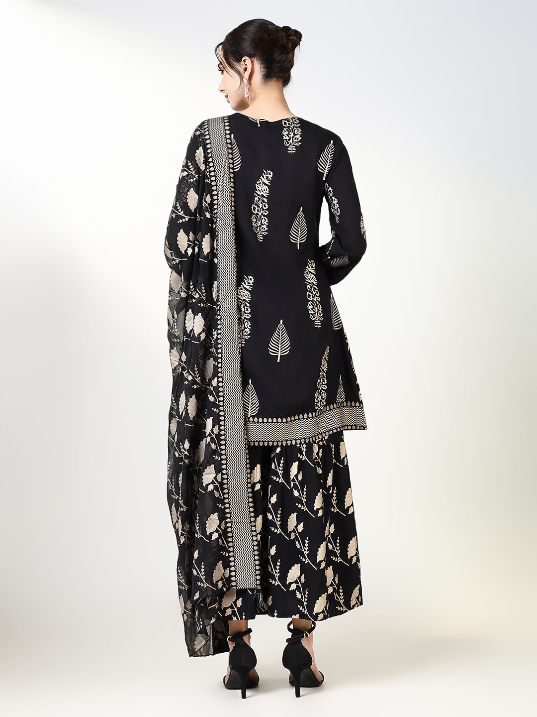 Women Graphic Black A Line Kurta Set with Dupatta