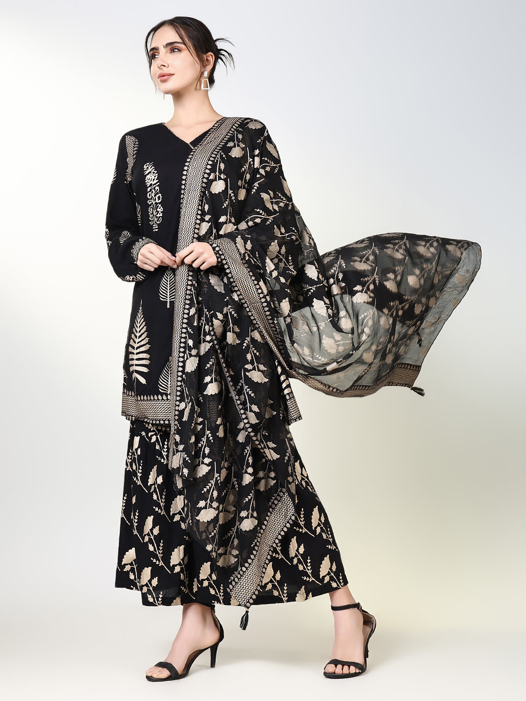 Women Graphic Black A Line Kurta Set with Dupatta