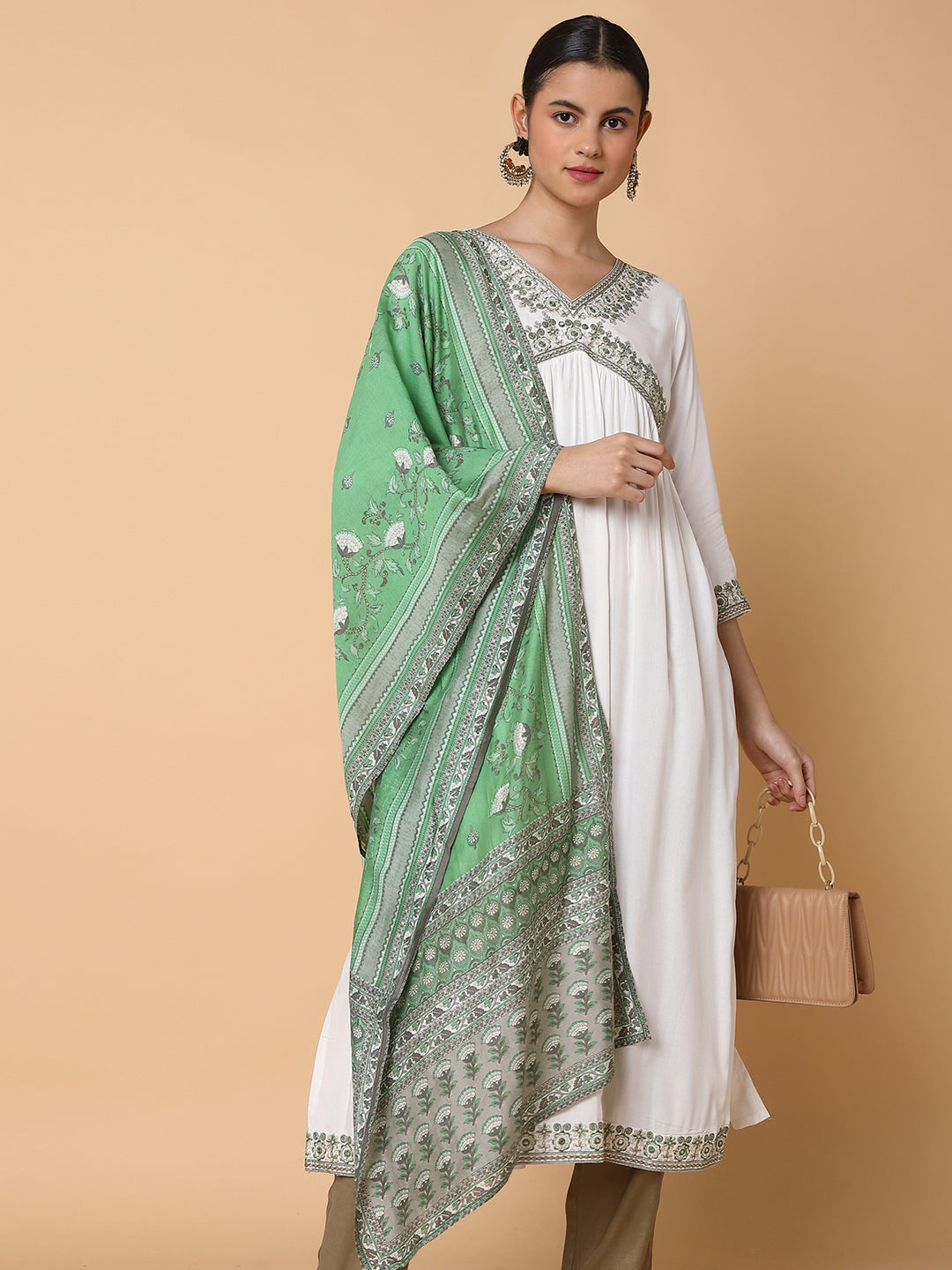 Women Solid Off White A Line Kurta with Duppatta