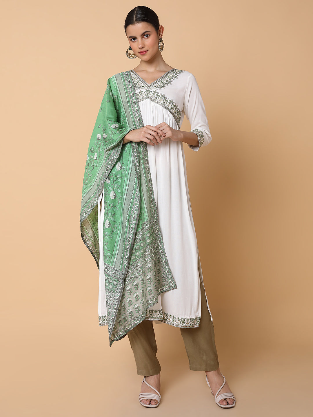 Women Solid Off White A Line Kurta with Duppatta