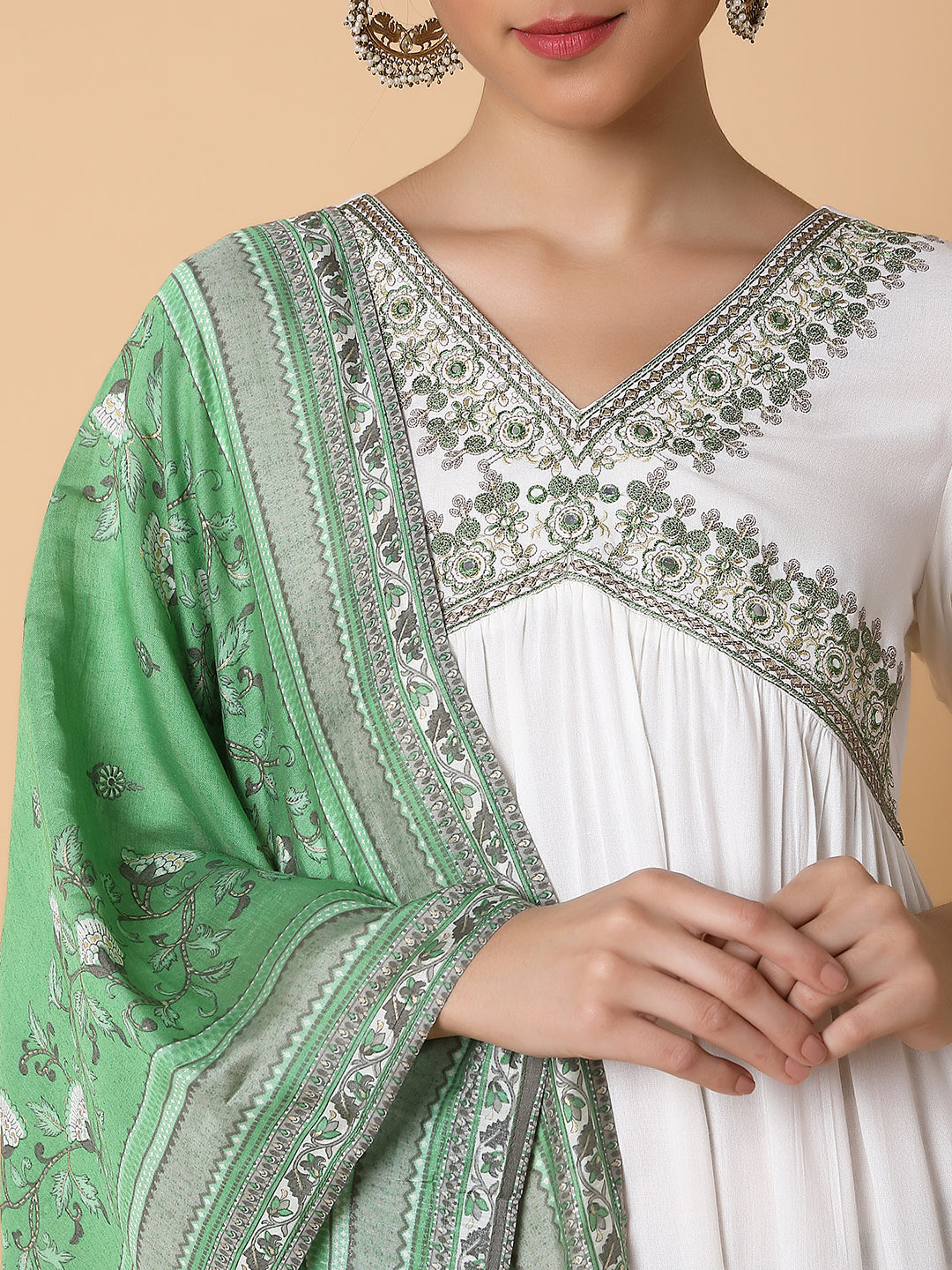 Women Solid Off White A Line Kurta with Duppatta