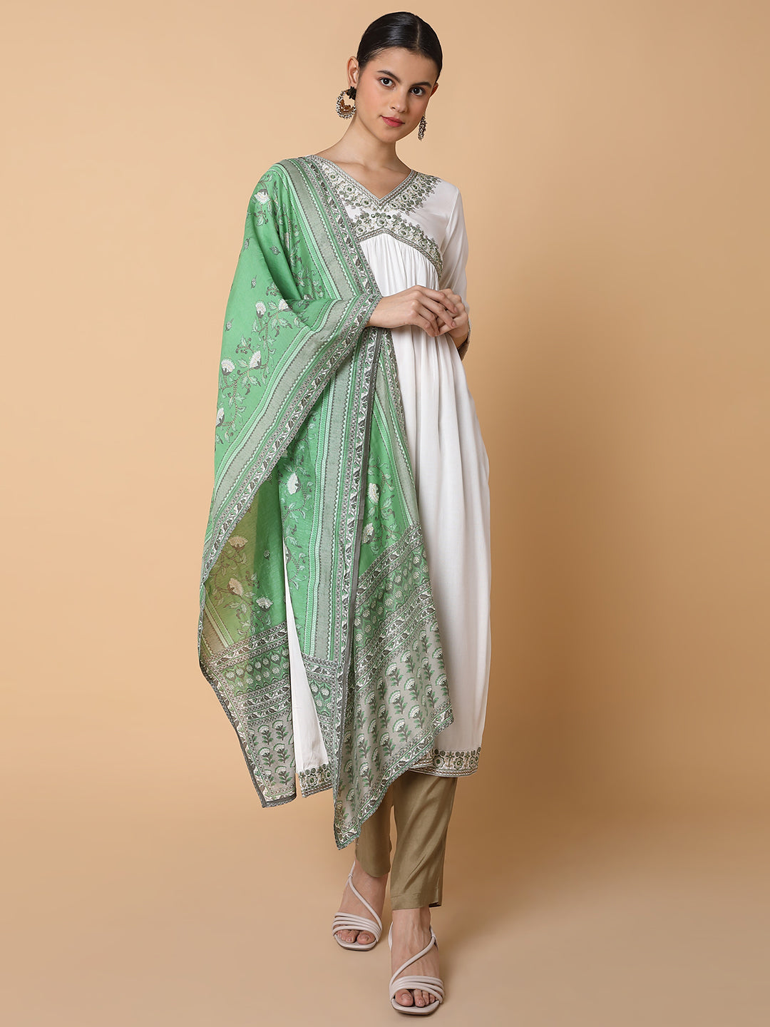 Women Solid Off White A Line Kurta with Duppatta