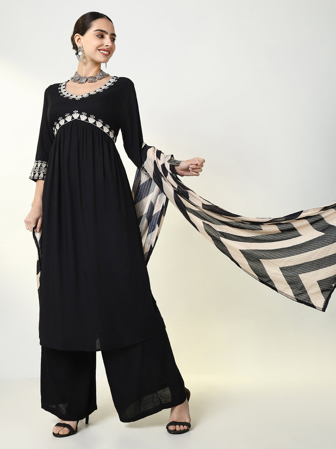 Women Solid Black Straight Kurta Set with Dupatta