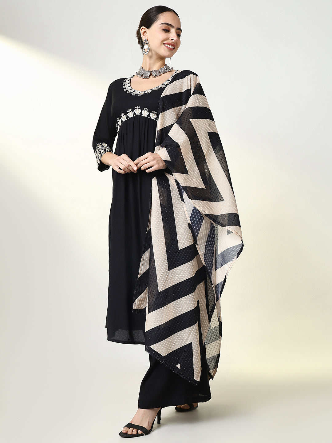 Women Solid Black Straight Kurta Set with Dupatta