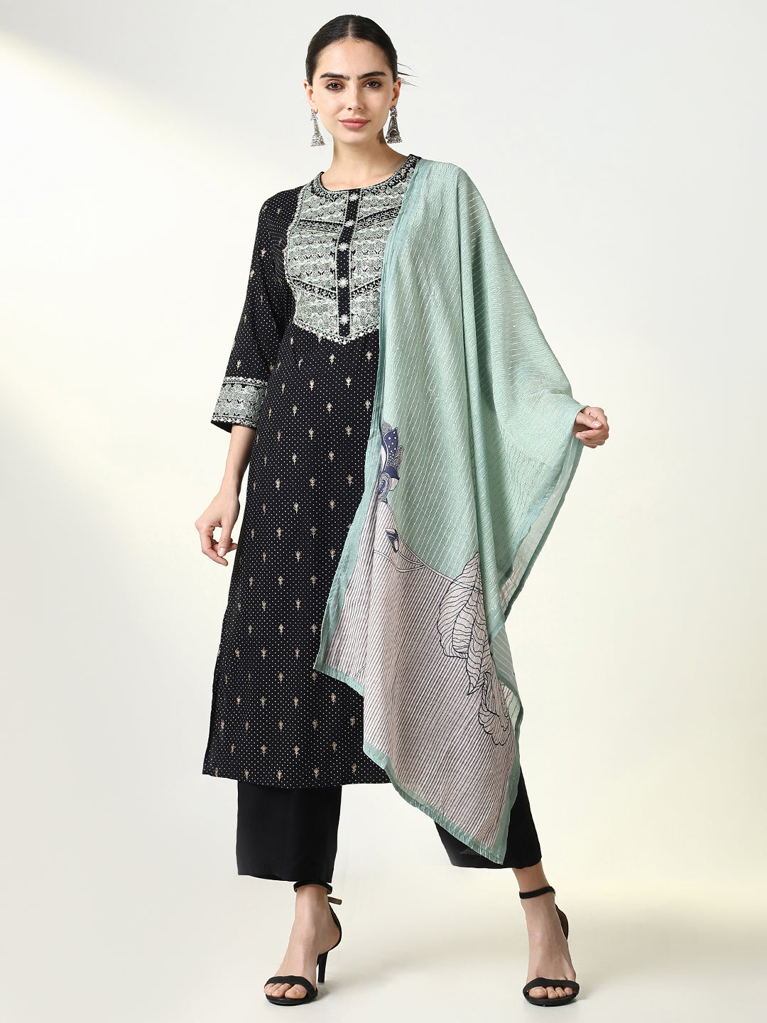 Women Graphic Black Straight Kurta Set with Dupatta