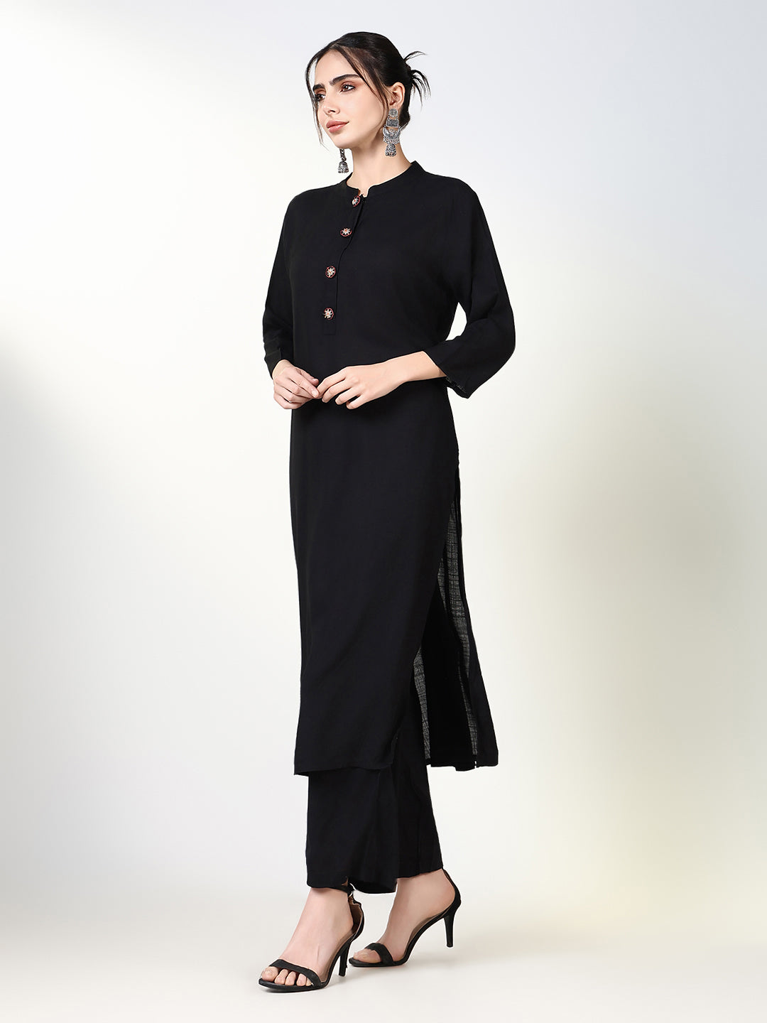 Women Solid Black Straight Kurta Set with Dupatta