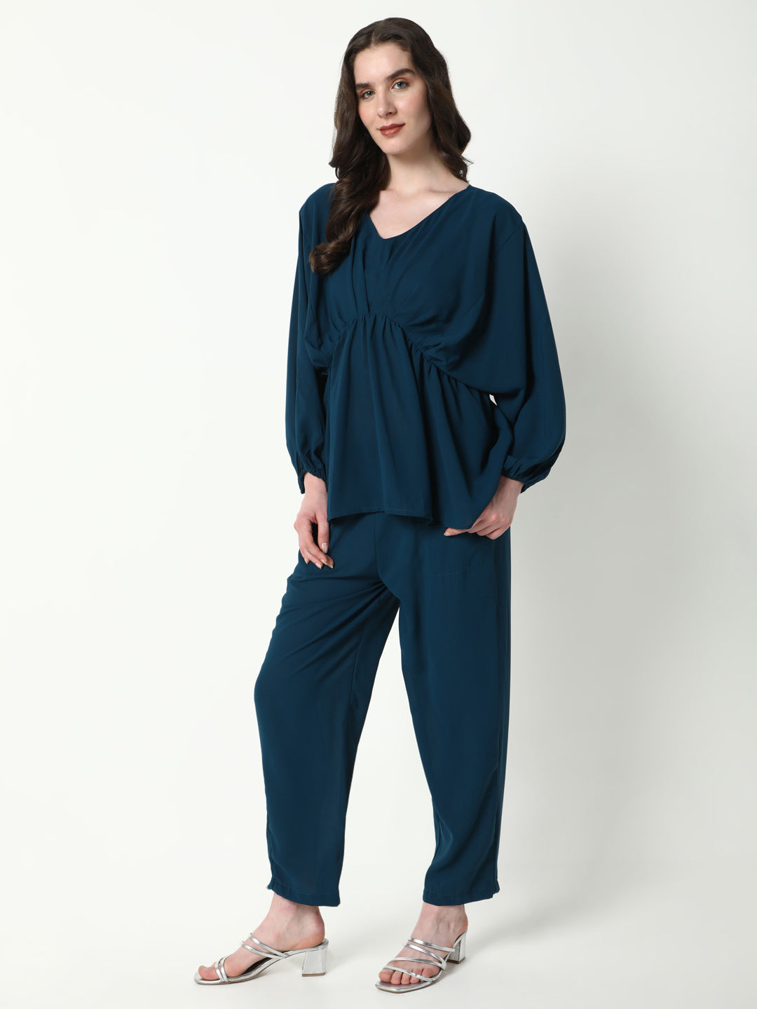 Women's Teal Solid Co-Ords Set