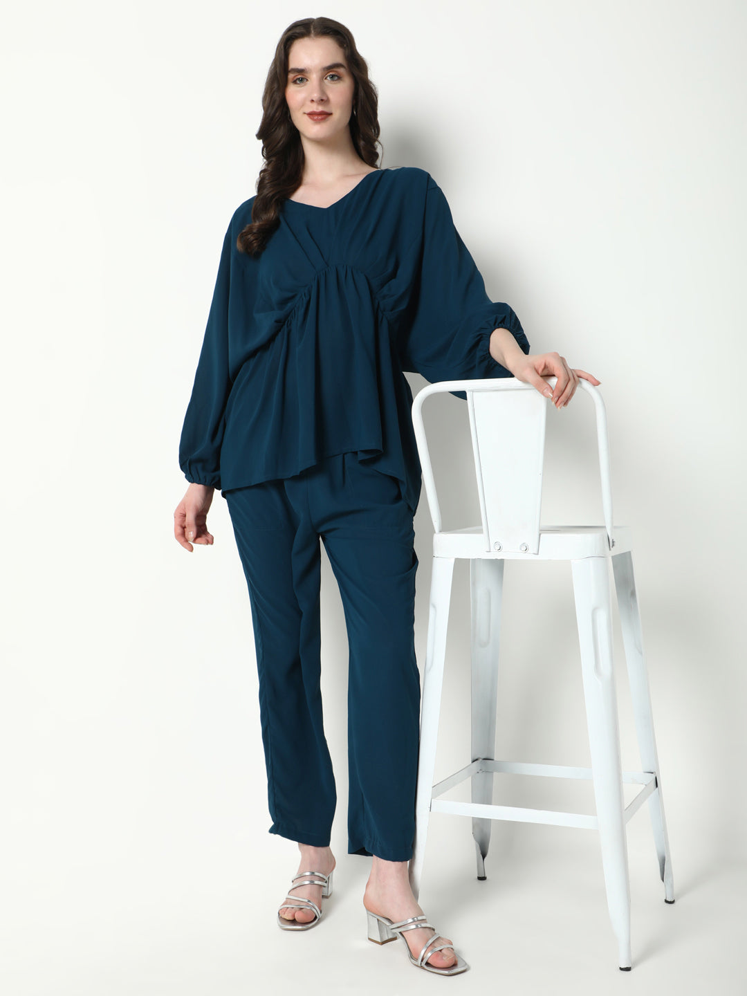 Women's Teal Solid Co-Ords Set