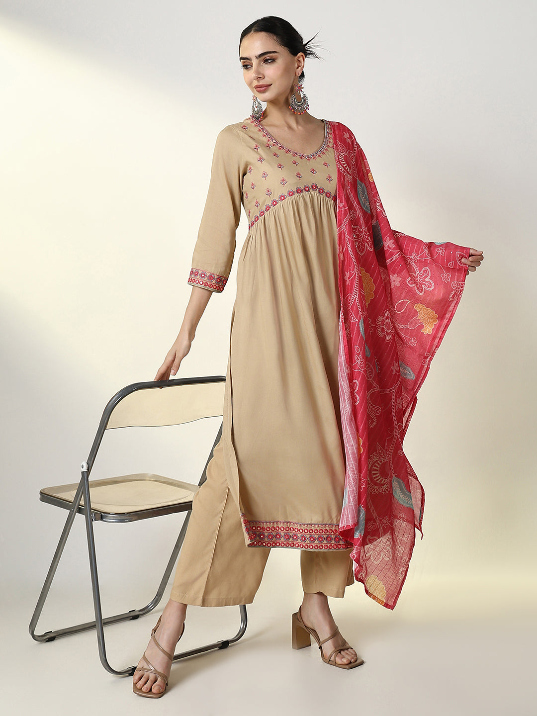 Women Graphic Beige A Line Kurta Set with Dupatta