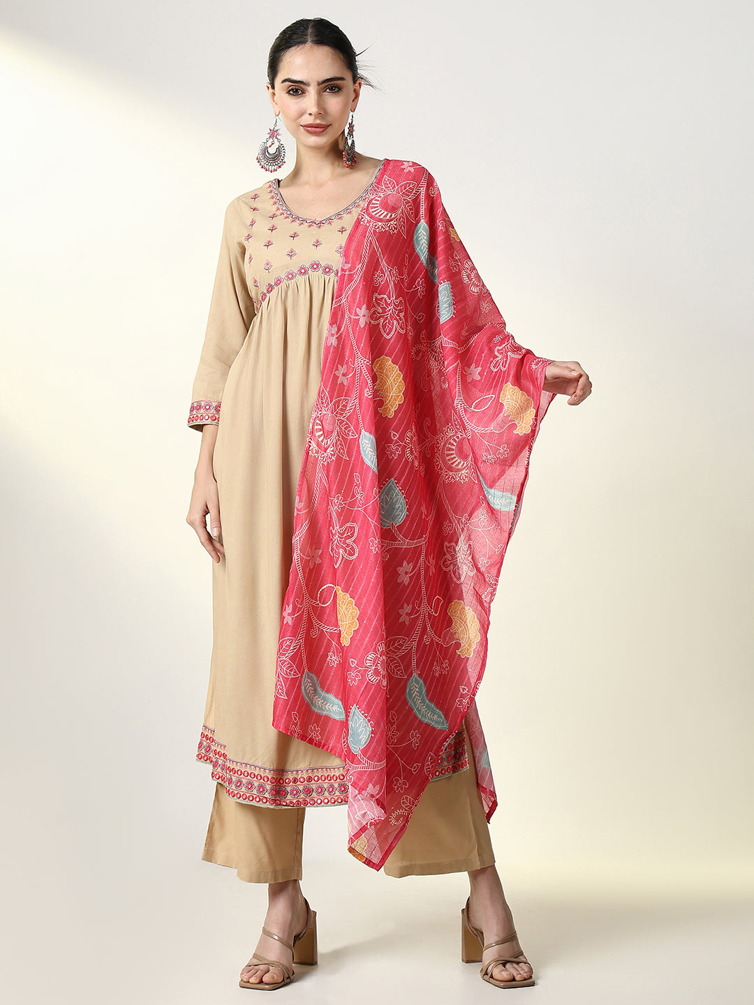 Women Graphic Beige A Line Kurta Set with Dupatta