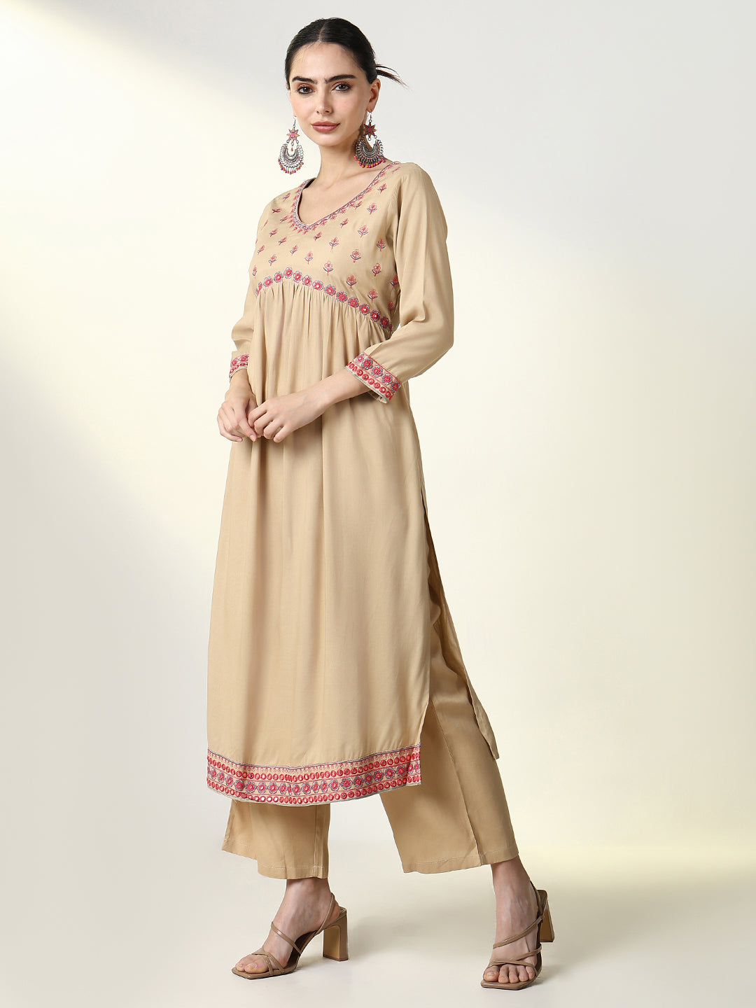 Women Graphic Beige A Line Kurta Set with Dupatta