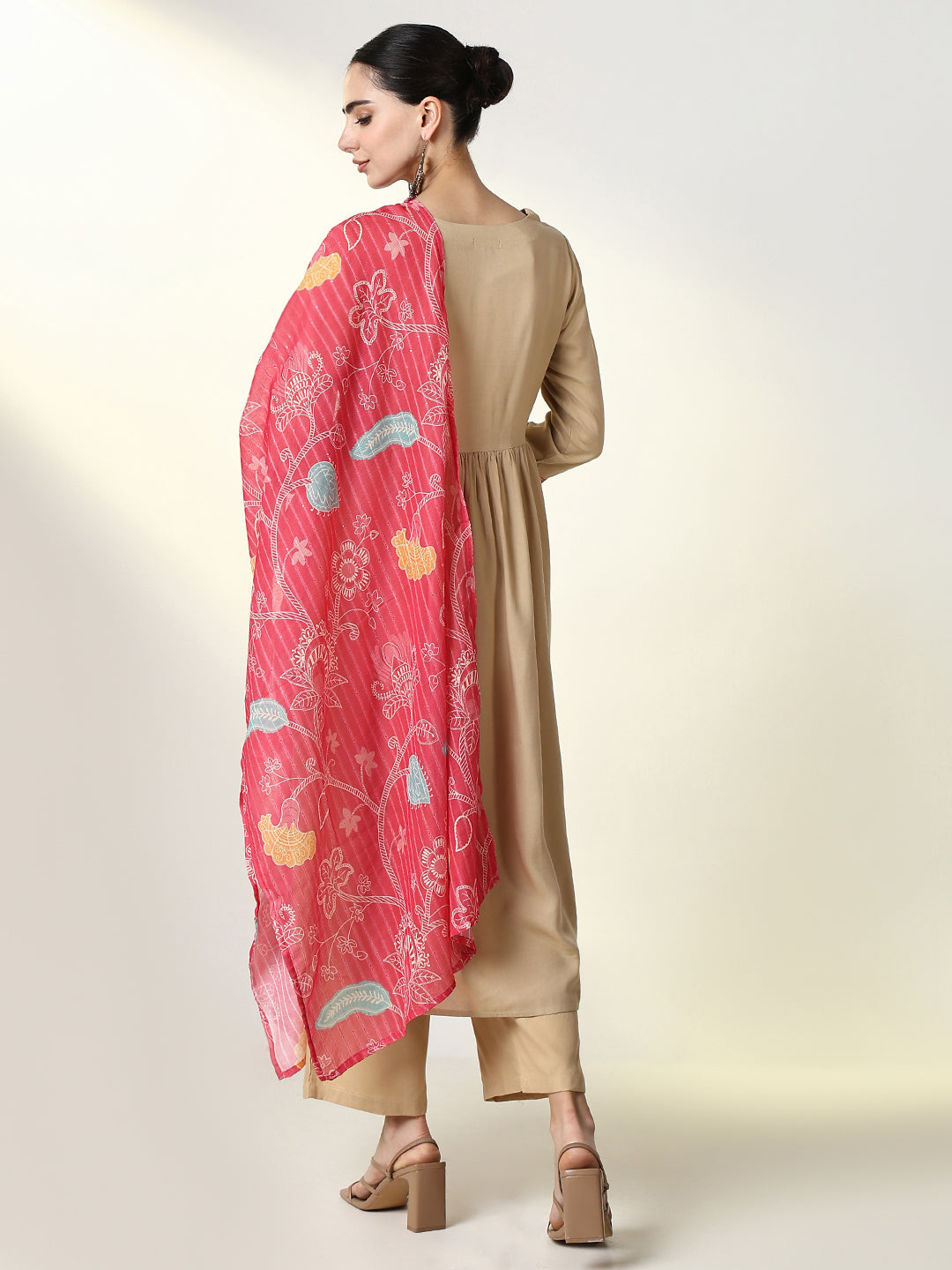 Women Graphic Beige A Line Kurta Set with Dupatta